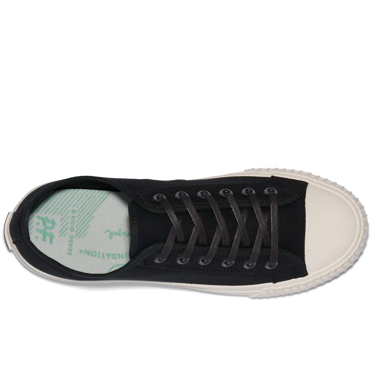 Overhead view of a black low-top sneaker on a white background.