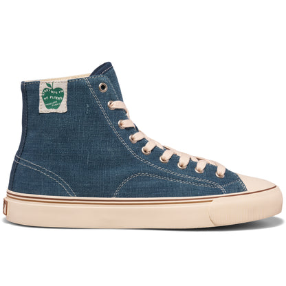 Indigo high-top sneaker on a white background.
