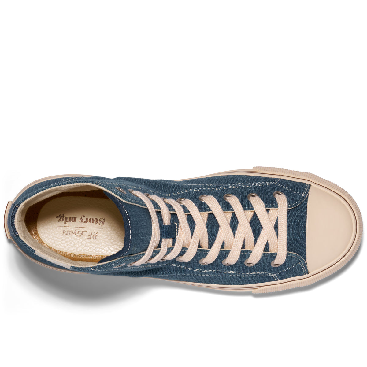 Overhead view of an indigo high-top sneaker on a white background.