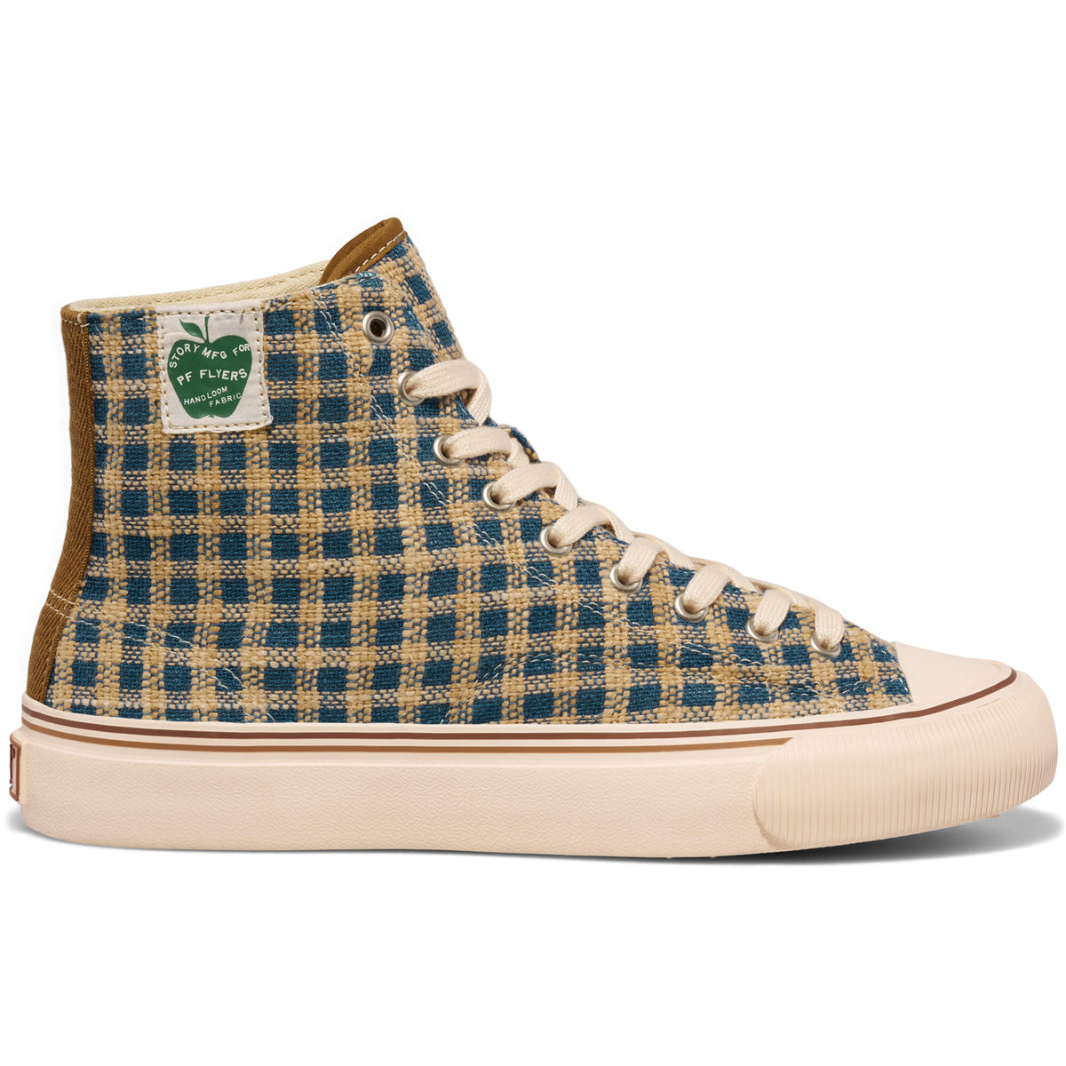An indigo and brown plaid high-top sneaker shown on a white background.