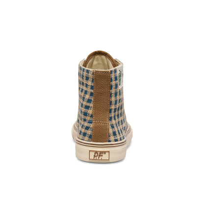 Indigo and brown plaid high-top sneaker on a white background.