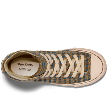 Top-down view of a brown and indigo plaid high-top sneaker on a white background.