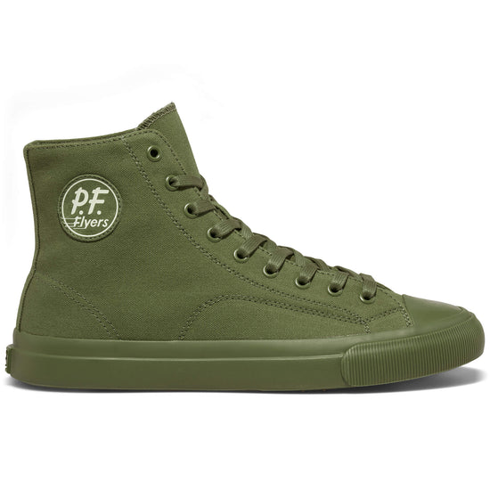 An olive green canvas high-top sneaker shown on a white background.