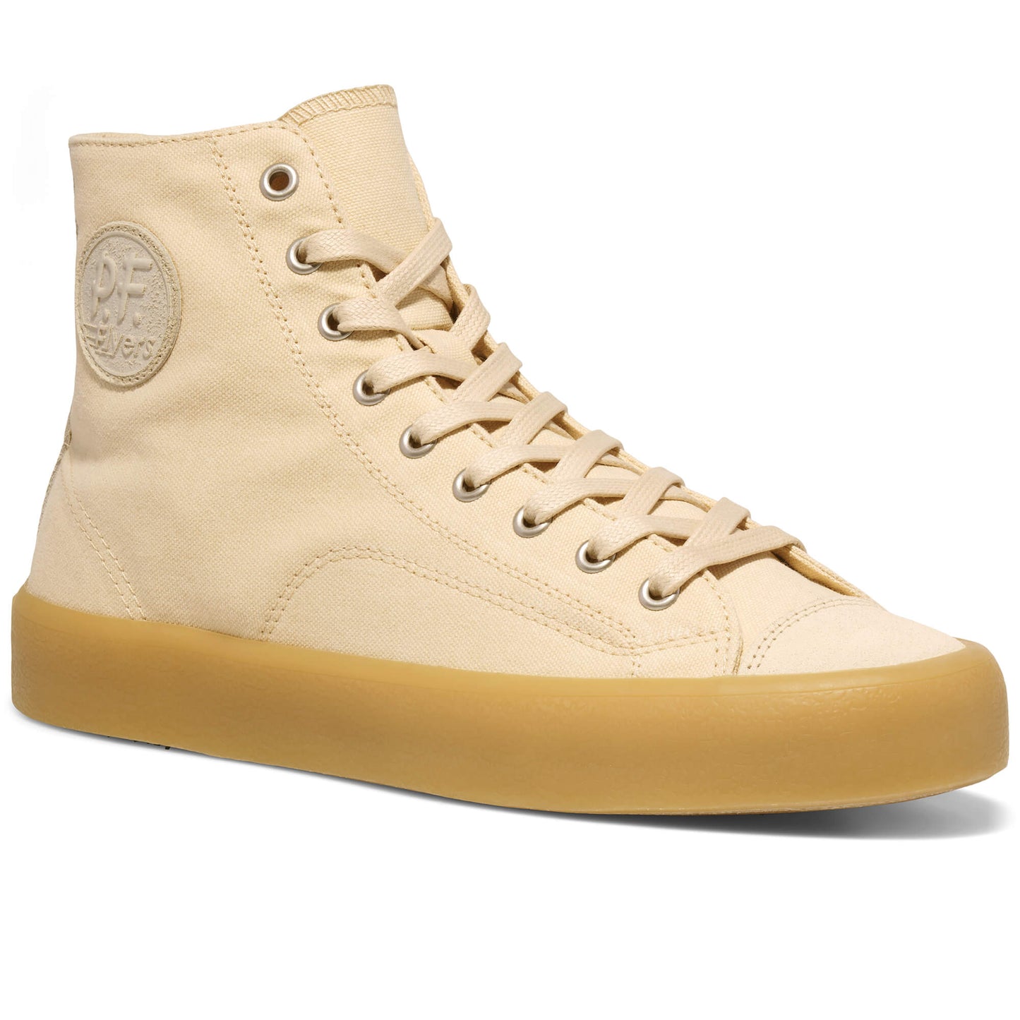 Beige high-top sneaker with 'P.F. Flyers' logo on a white background.