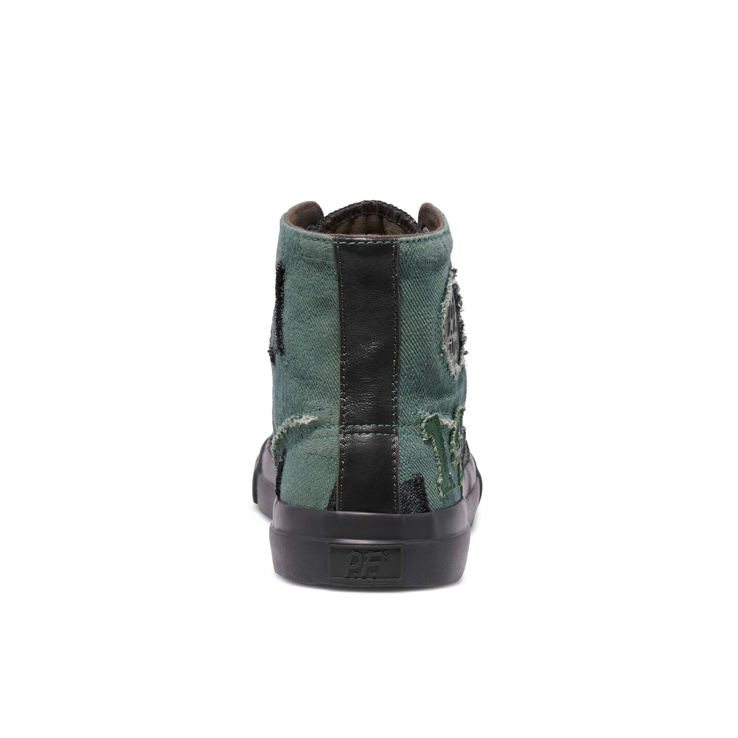 Green high-top sneaker with black sole on a white background