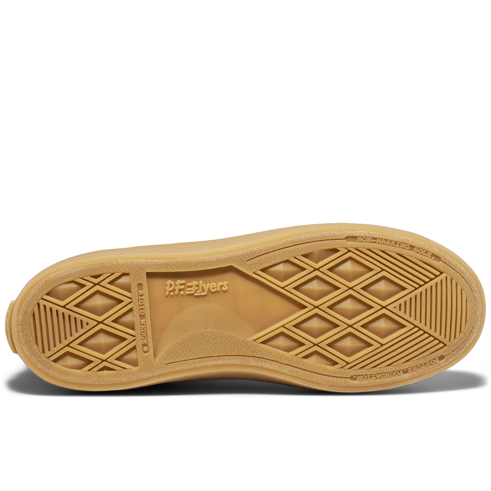 A tan shoe sole with a geometric pattern on a white background.