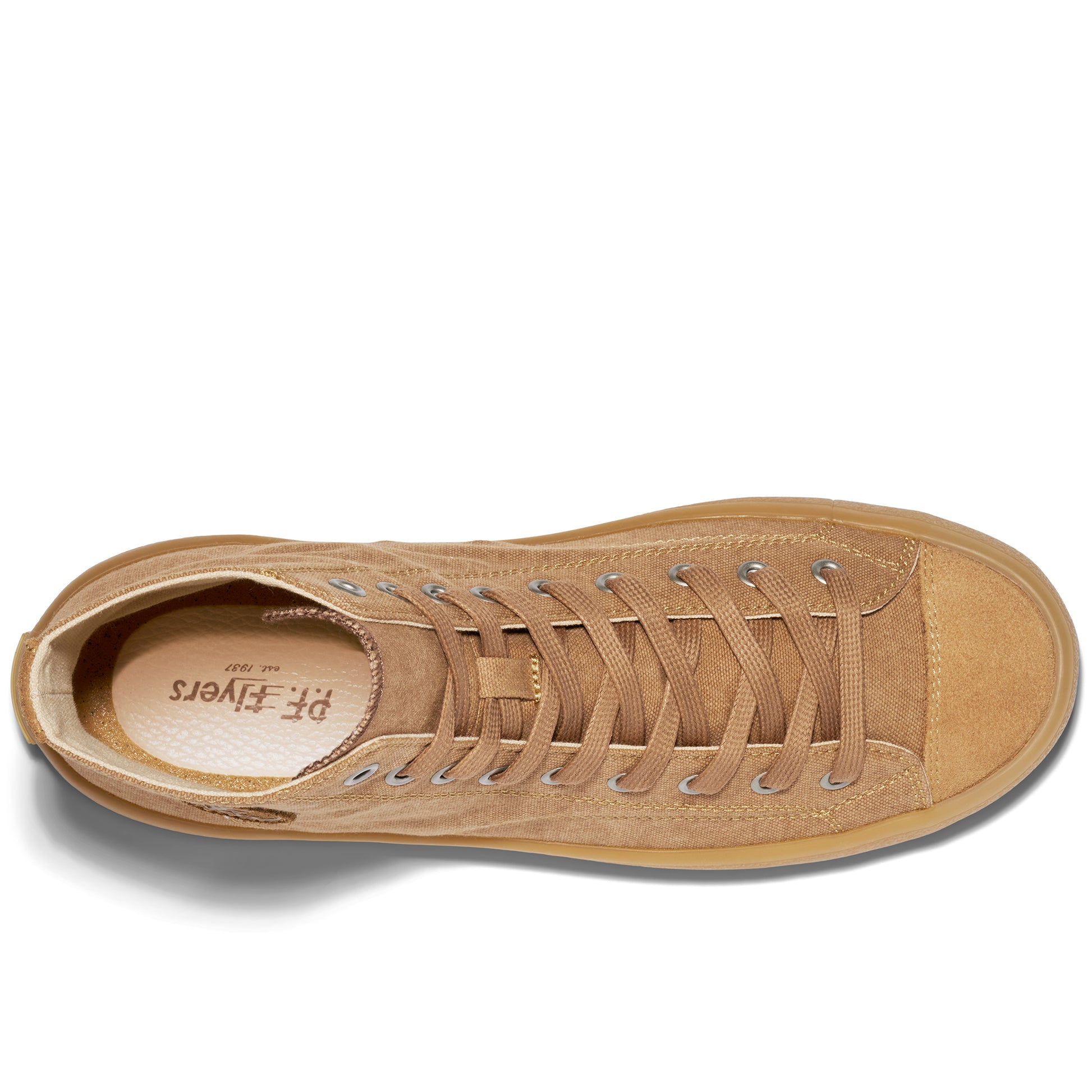 Overhead view of a tan high-top sneaker on a white background.