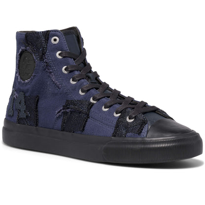 Blue high-top sneaker with black accents on a white background