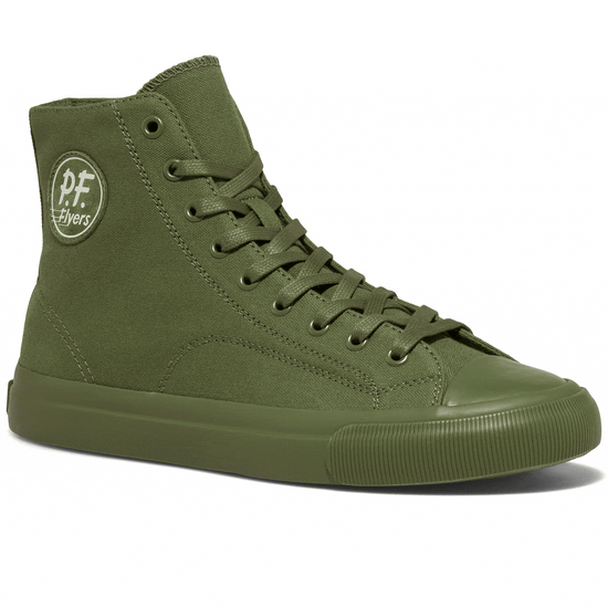 Rotating gif showing different angles of an olive green canvas high-top sneaker. alternate view