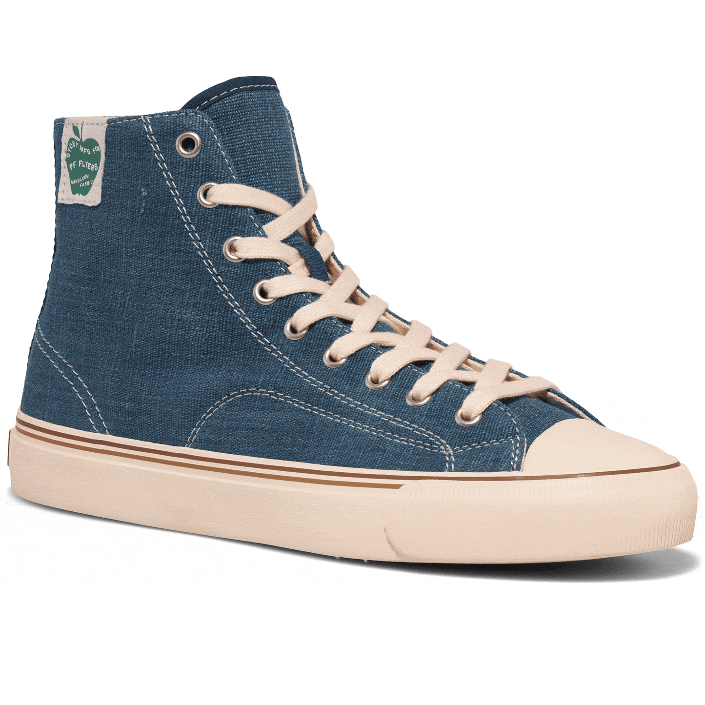 Blue high-top sneaker rotating gif showing different angles of the sneaker.
