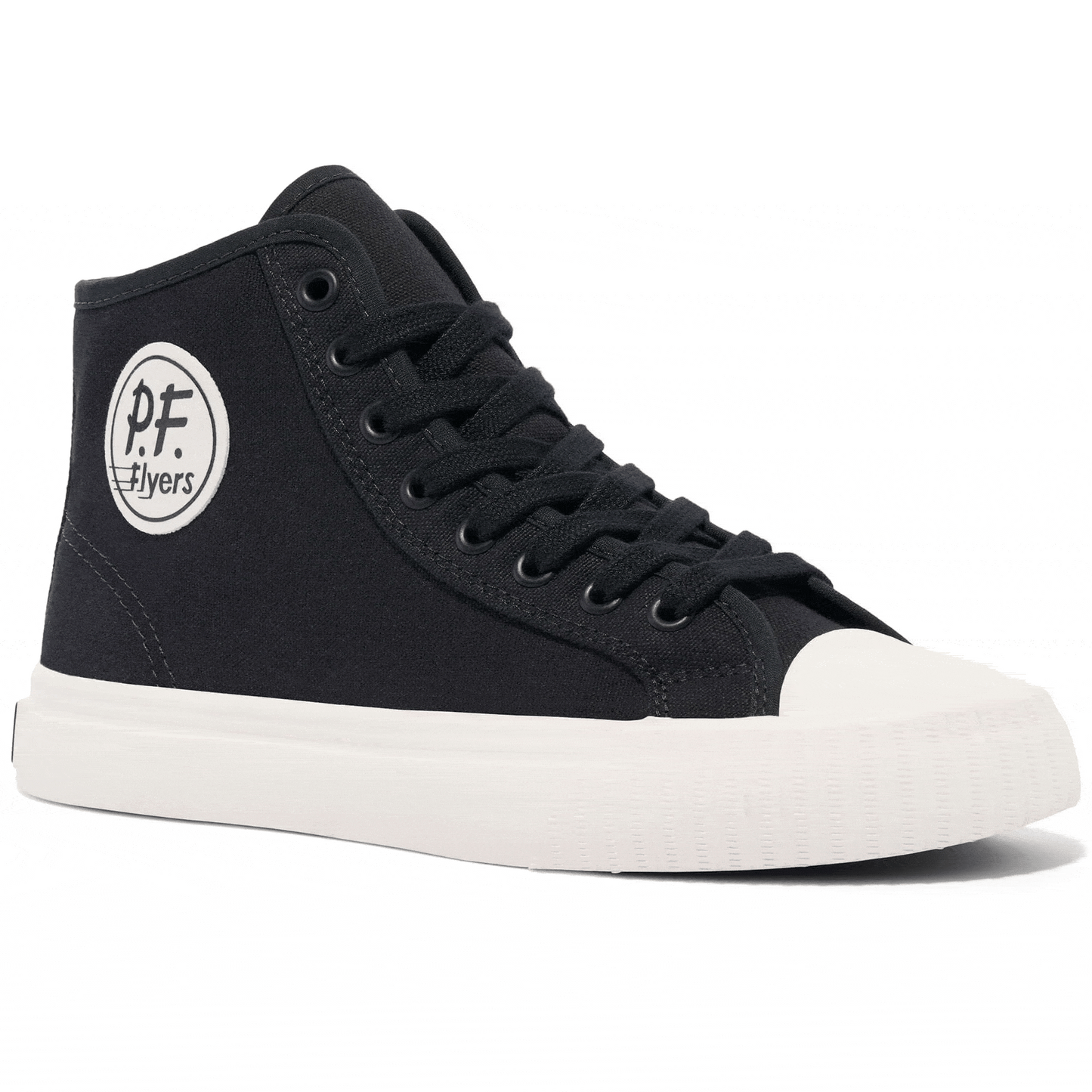 Black high-top sneaker rotating gif showing different angles of the sneaker.