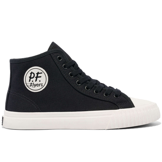 Black high-top sneaker with white sole on a white background.