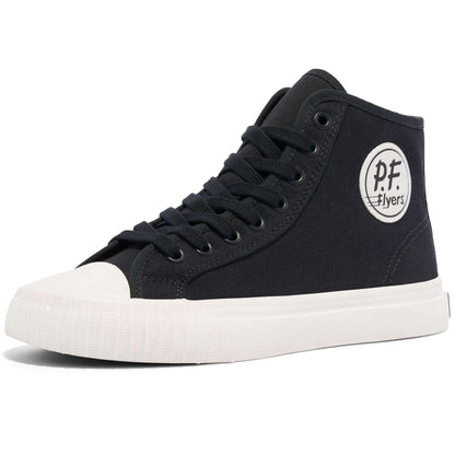Black high-top sneaker with white sole on a white background.