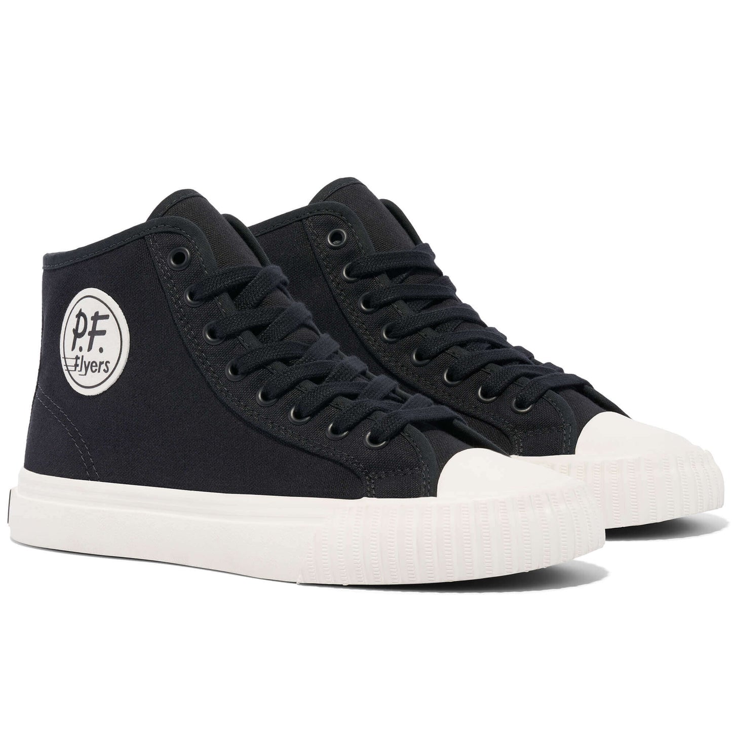 Pair of black high-top sneakers with white soles on a white background.