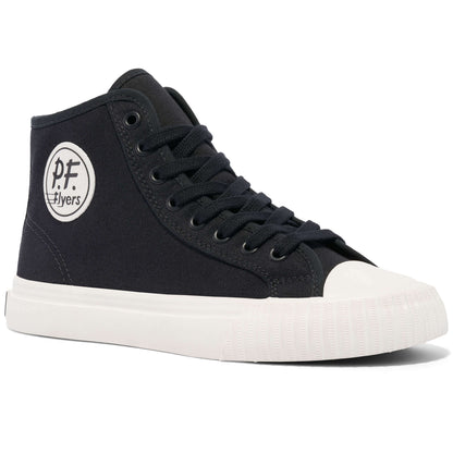 Black high-top sneaker with white sole on a white background.
