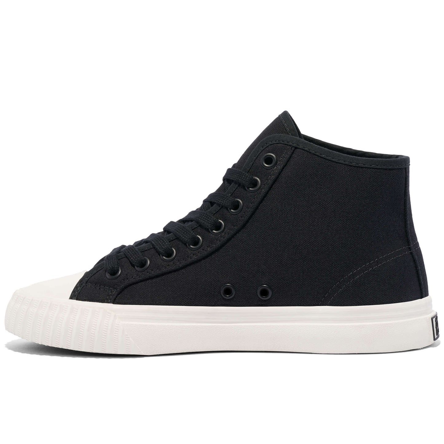 Black high-top sneaker with white sole on a white background.