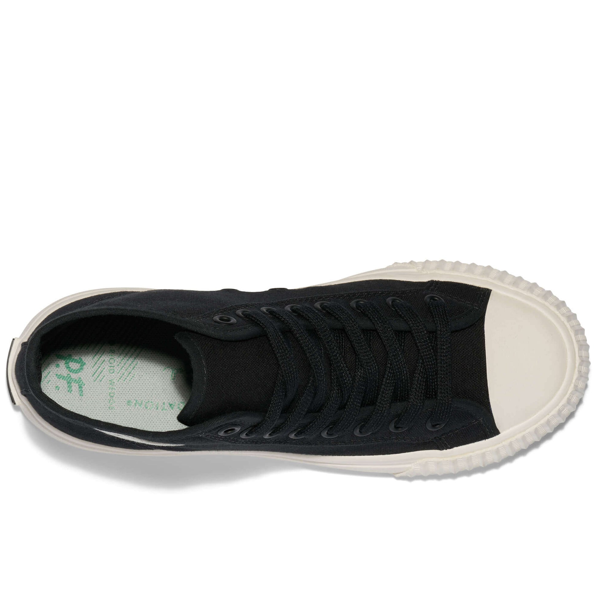 Overhead view of a black high-top sneaker on a white background.