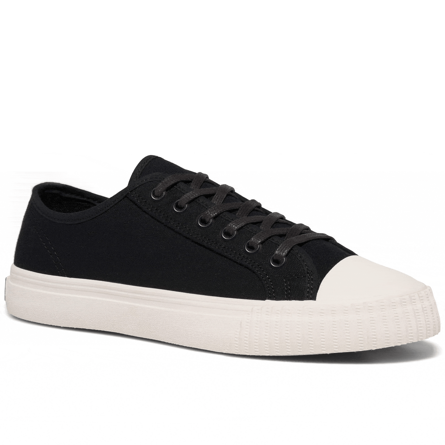 Black low-top sneaker rotating gif showing different angles of the sneaker.