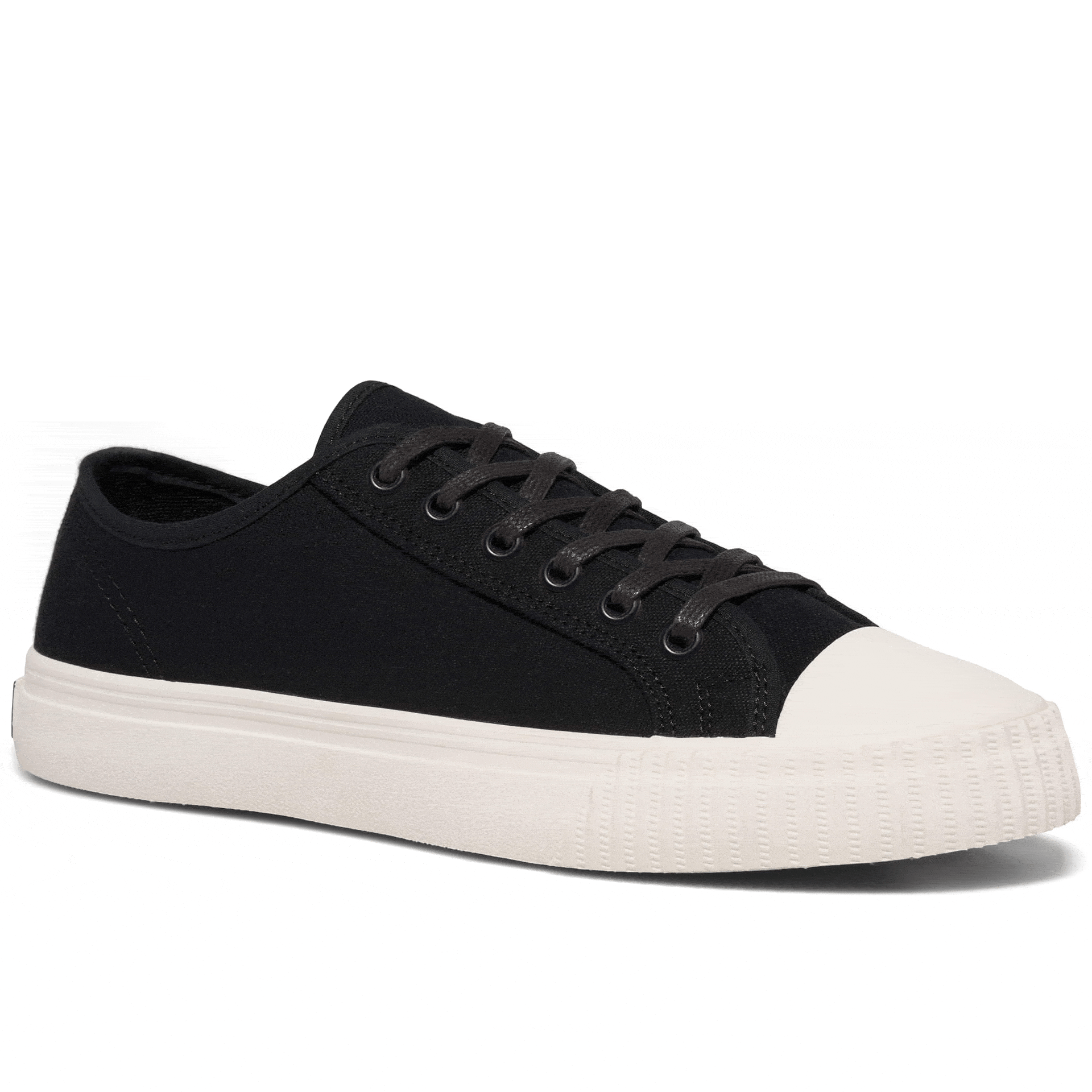 Black low-top sneaker rotating gif showing different angles of the sneaker.