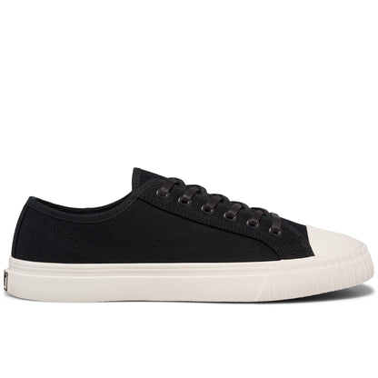 Black low-top sneaker with white sole on a white background.