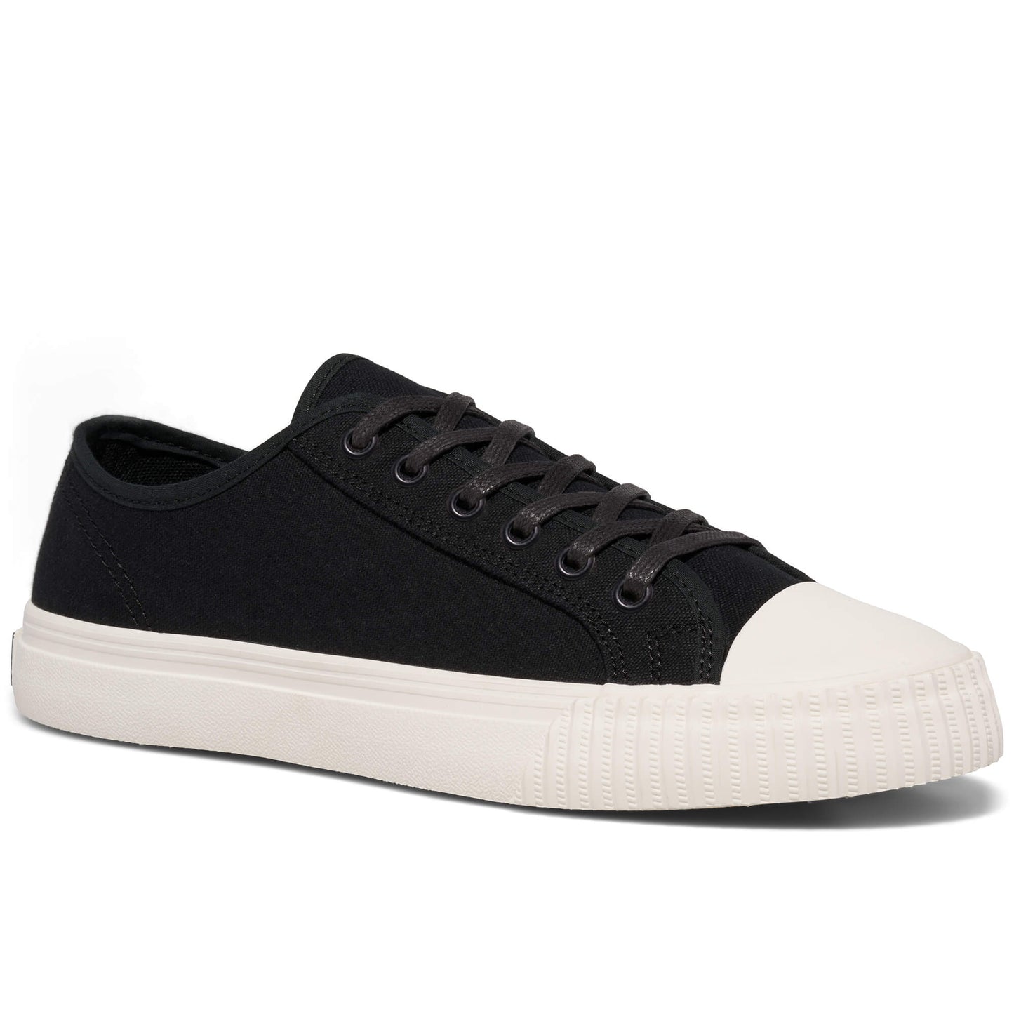 Black low-top sneaker with white sole on a white background.