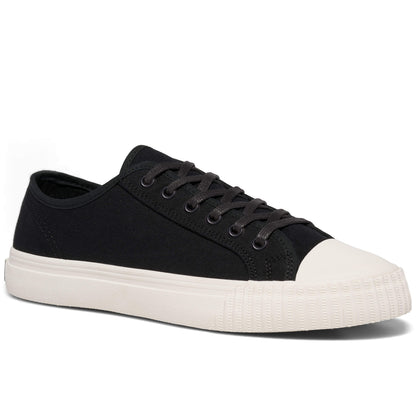Black low-top sneaker with white sole on a white background.