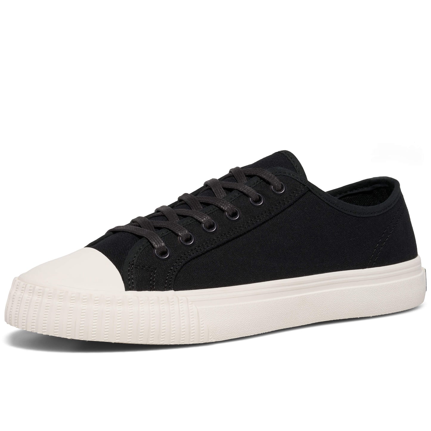 Black low-top sneaker with white sole on a white background.