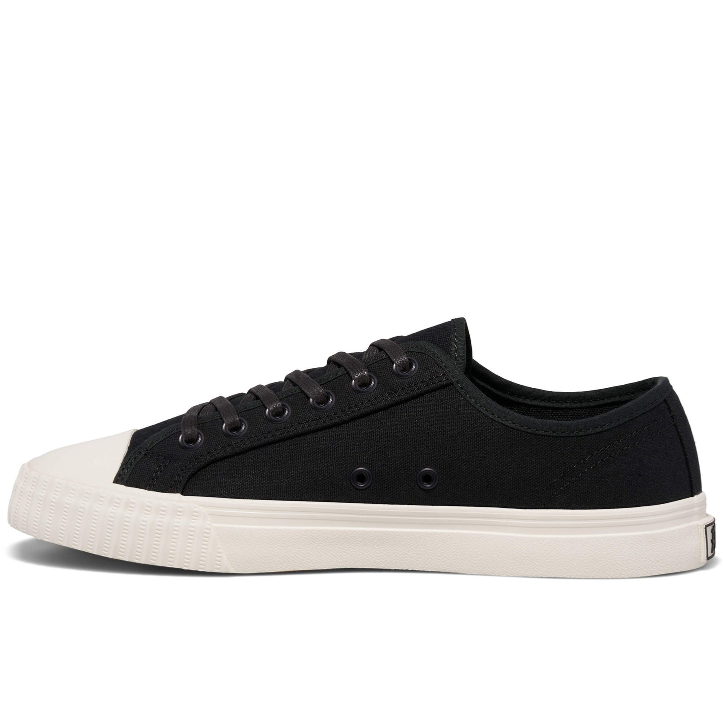 Black low-top sneaker with white sole on a white background.