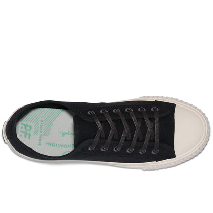 Overhead view of a black low-top sneaker on a white background.