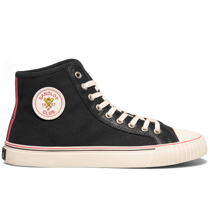 Black high-top sneakers with vintage vibes