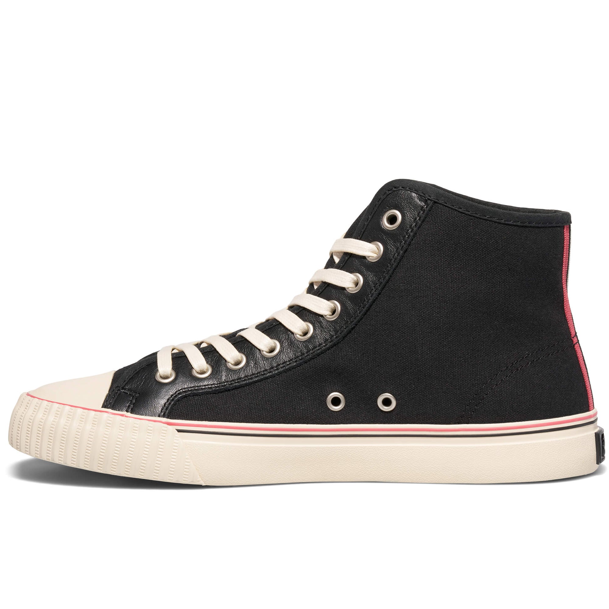 Black high-top sneakers with rubber toe cap