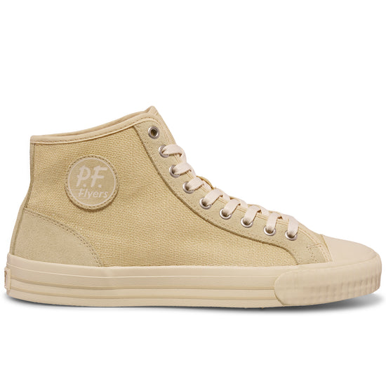 Beige high-top sneaker on a white background.