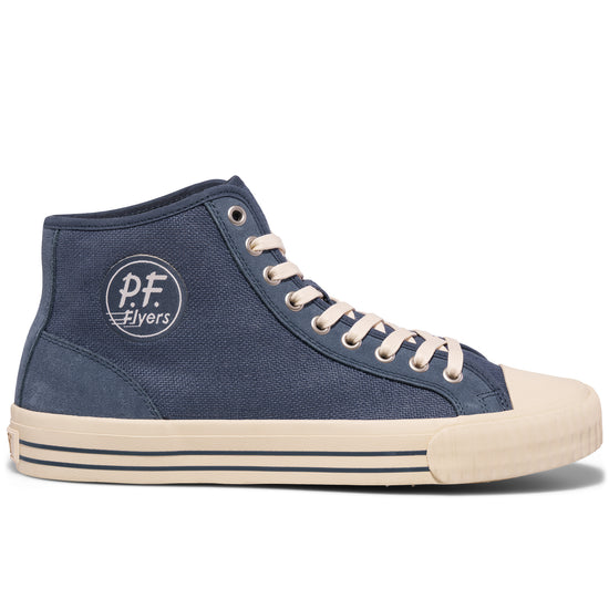 Blue high-top sneaker with white laces on a white background