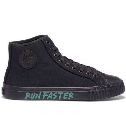 Black high-top sneaker on a white background, with “Run Faster” printed on the midsole.
