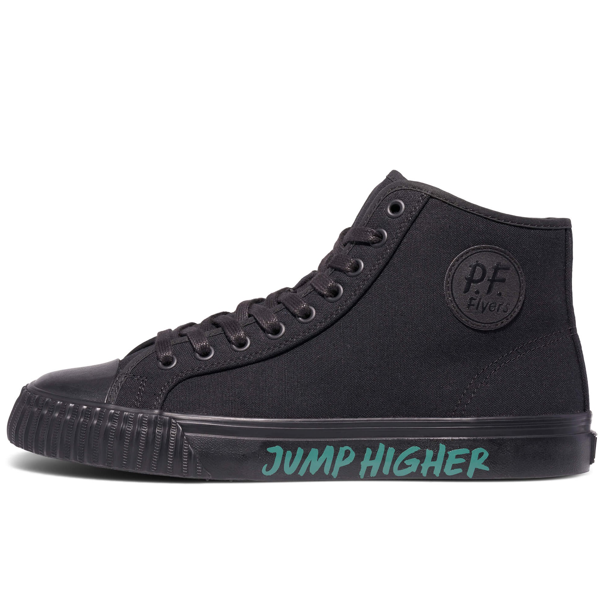 Black high-top sneaker on a white background, with “Jump Higher” printed on the midsole.