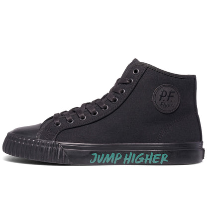Black high-top sneaker on a white background, with “Jump Higher” printed on the midsole.