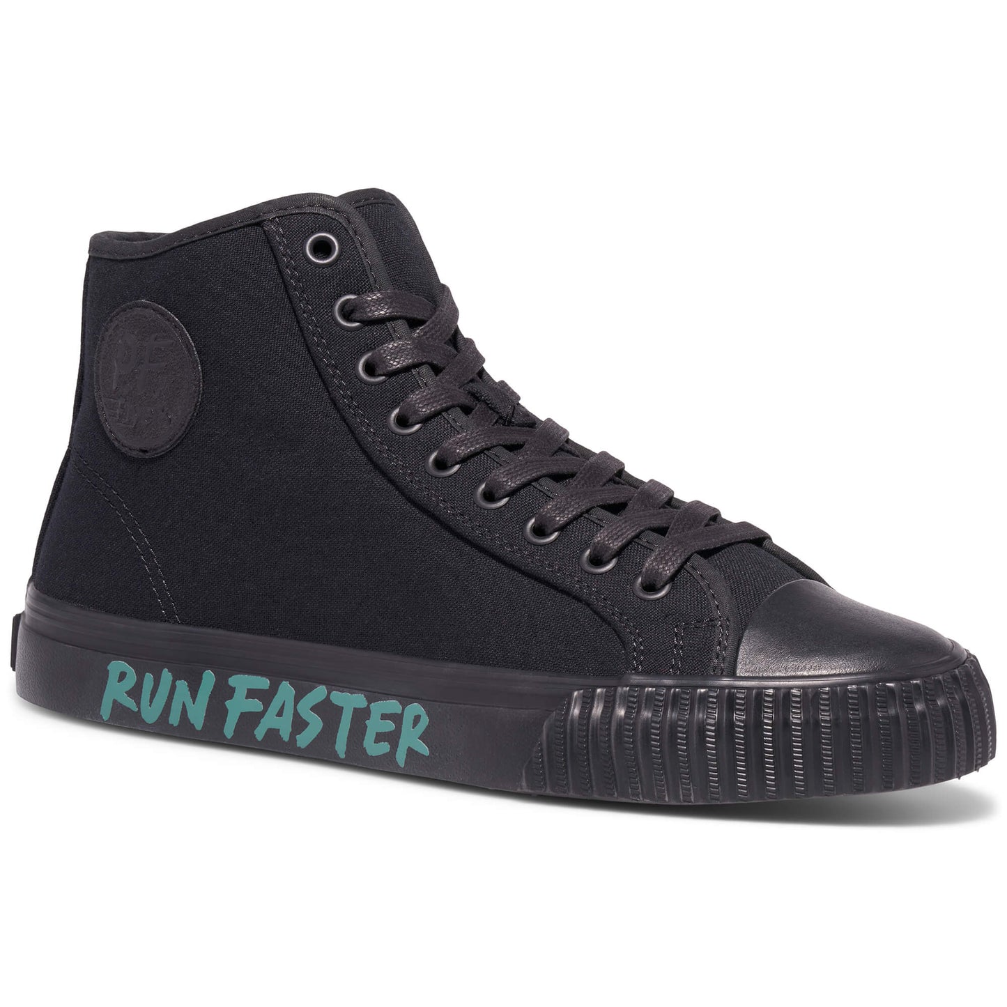 Black high-top sneaker on a white background, with “Run Faster” printed on the midsole.