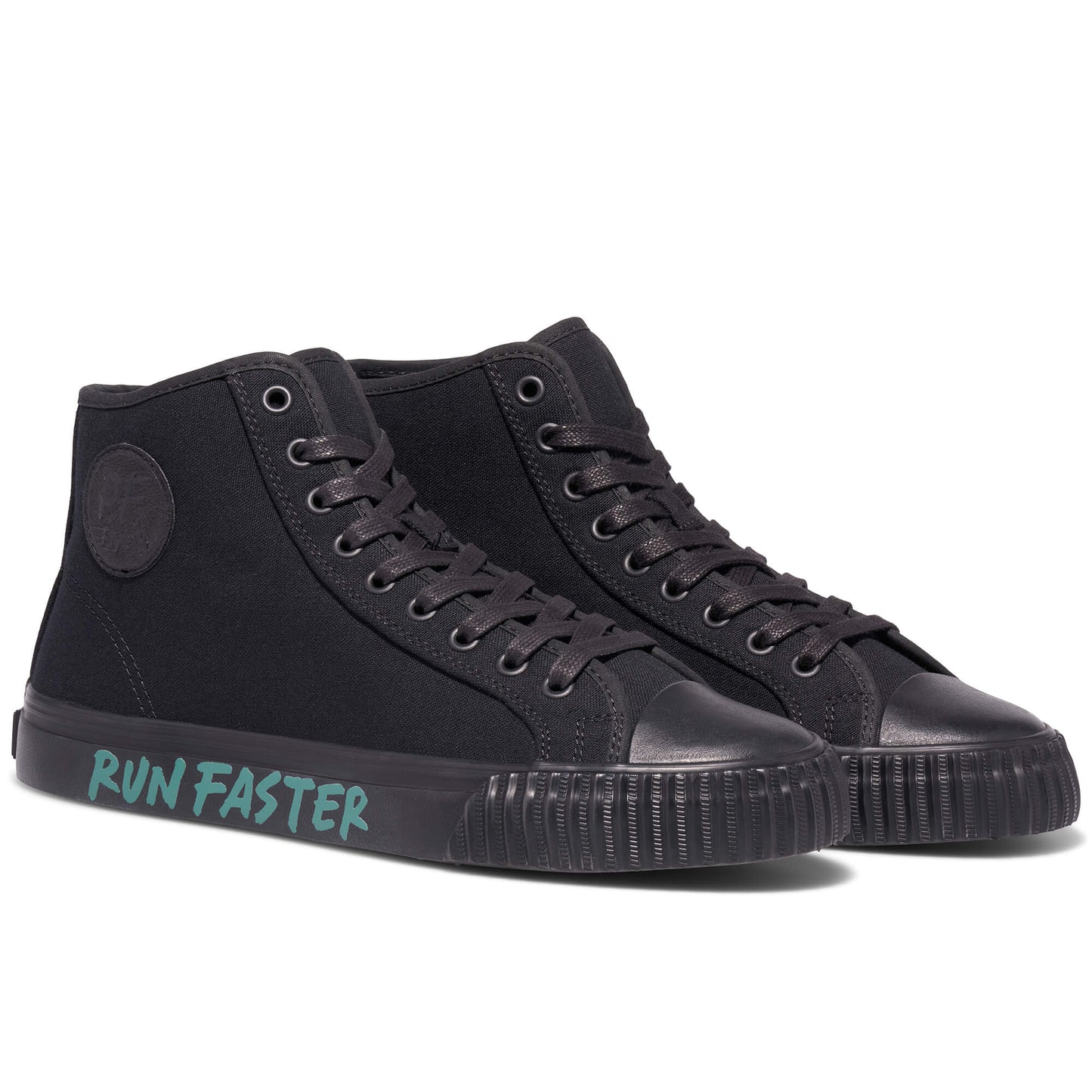 Black high-top sneakers on a white background, with “Run Faster” printed on the midsole.