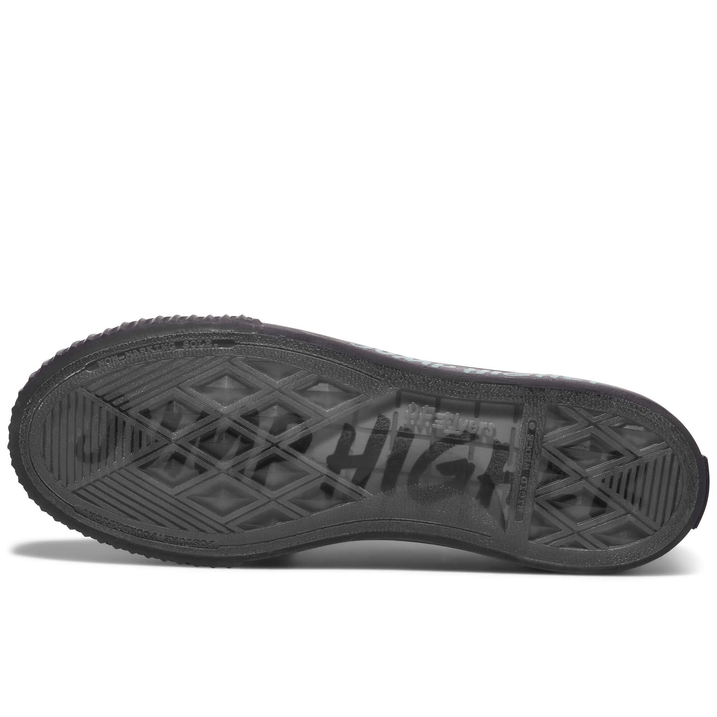 Black sole of a sneaker on a white background, with “Jump Higher” printed on the sole.