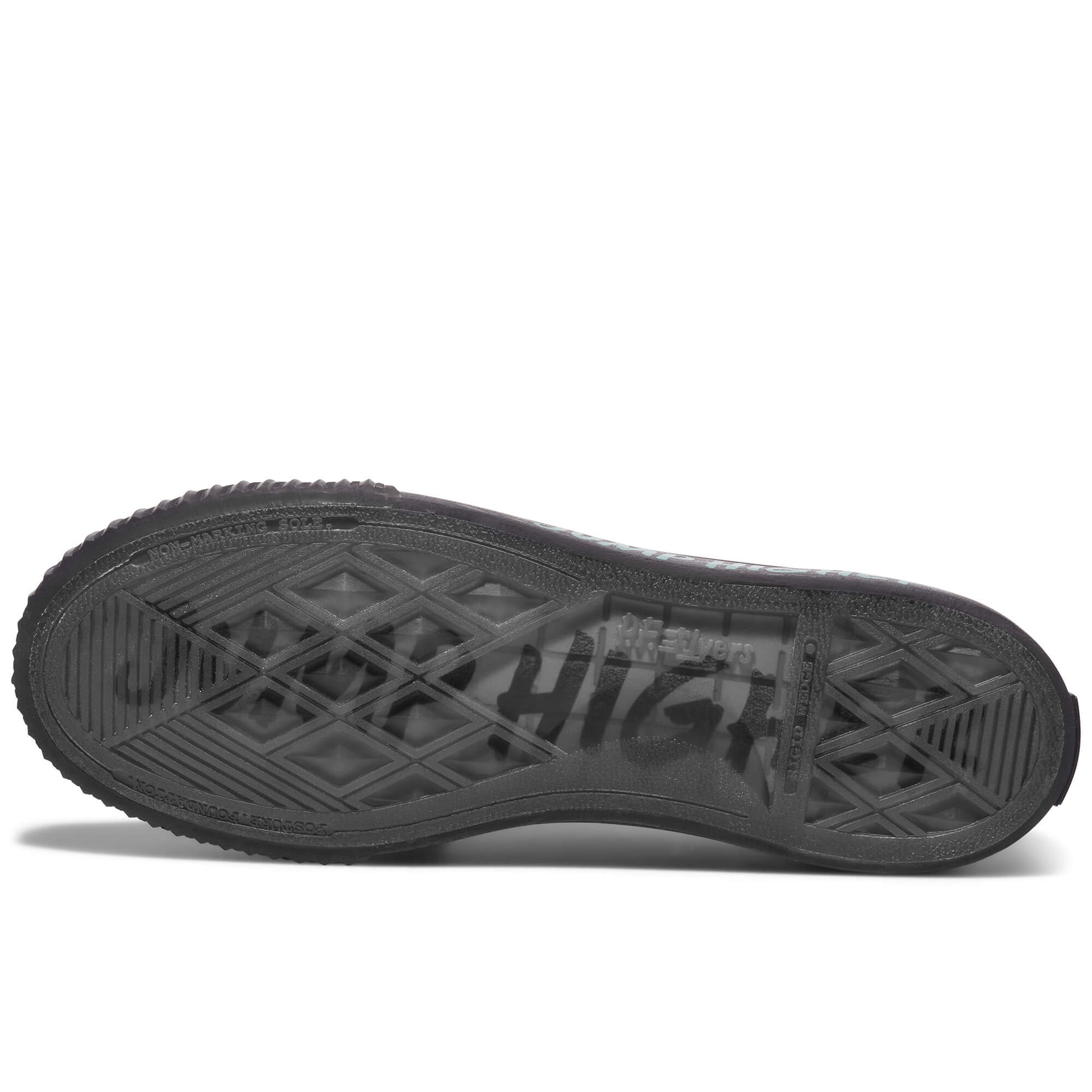 Black sole of a sneaker on a white background, with “Jump Higher” printed on the sole.