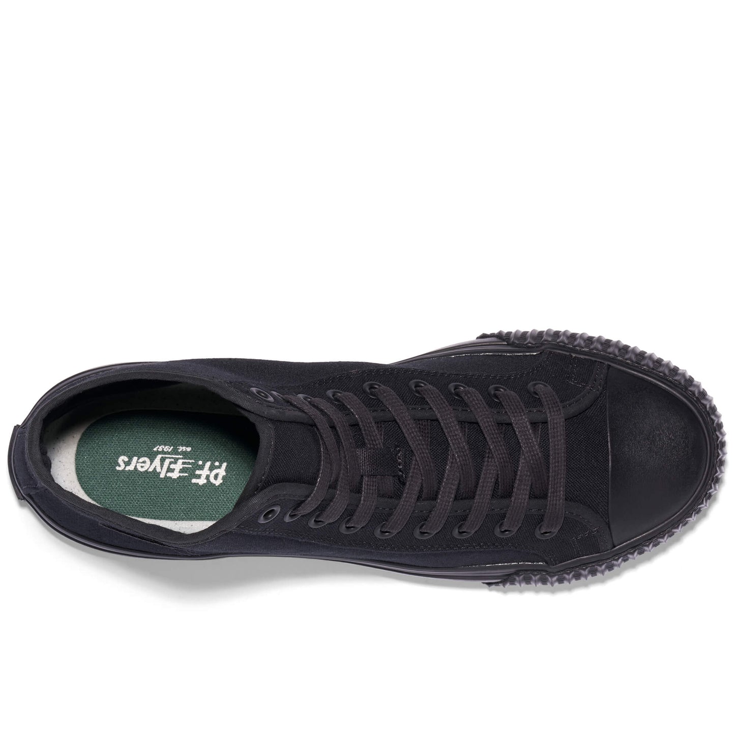 Black high-top sneaker showing the P.F. Flyers logo on the insole against a white background.