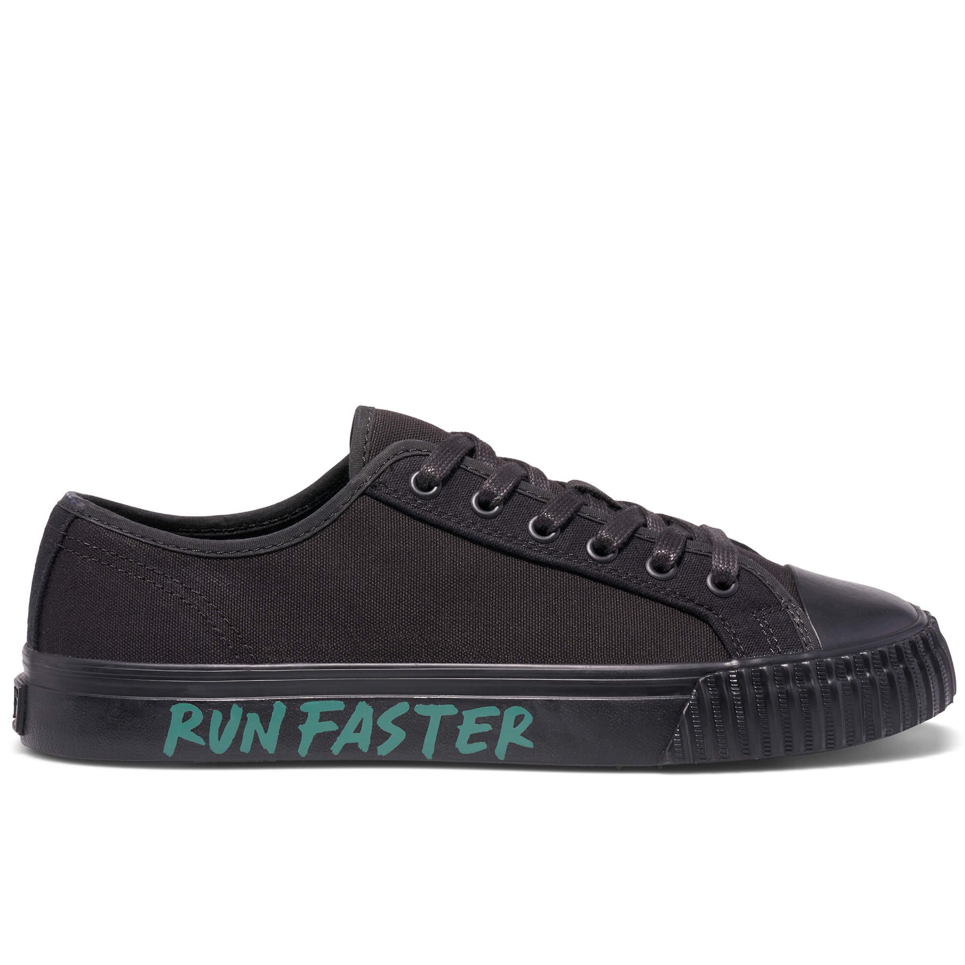 Black low-top sneaker on a white background, with “Run Faster” printed on the midsole.