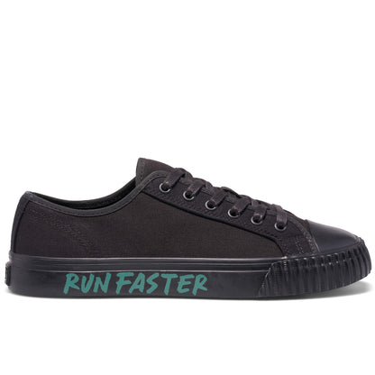 Black low-top sneaker on a white background, with “Run Faster” printed on the midsole.