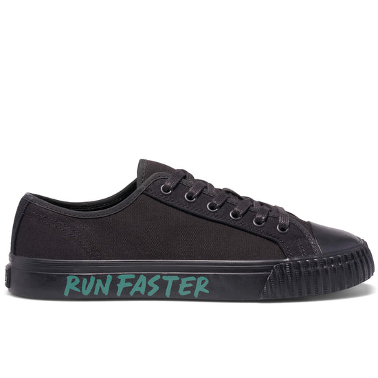 Black low-top sneaker on a white background, with “Run Faster” printed on the midsole.