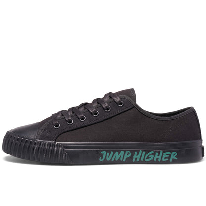 Black low-top sneaker on a white background, with “Jump Higher” printed on the midsole.