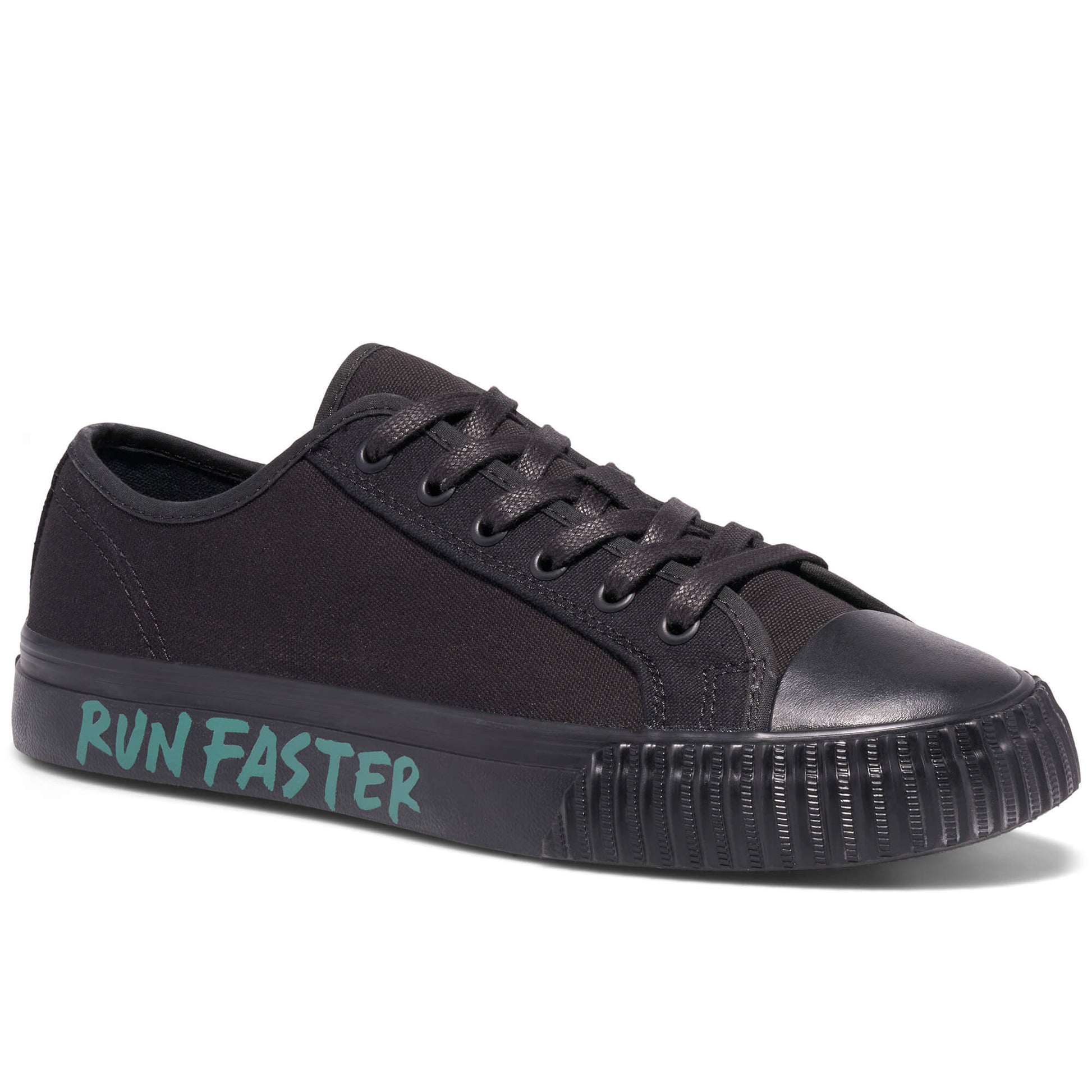 Black low-top sneaker on a white background, with “Run Faster” printed on the midsole.