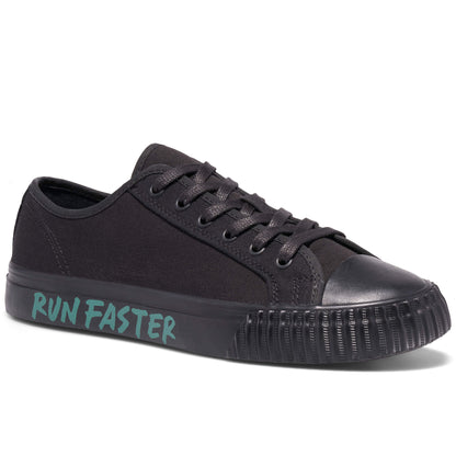 Black low-top sneaker on a white background, with “Run Faster” printed on the midsole.
