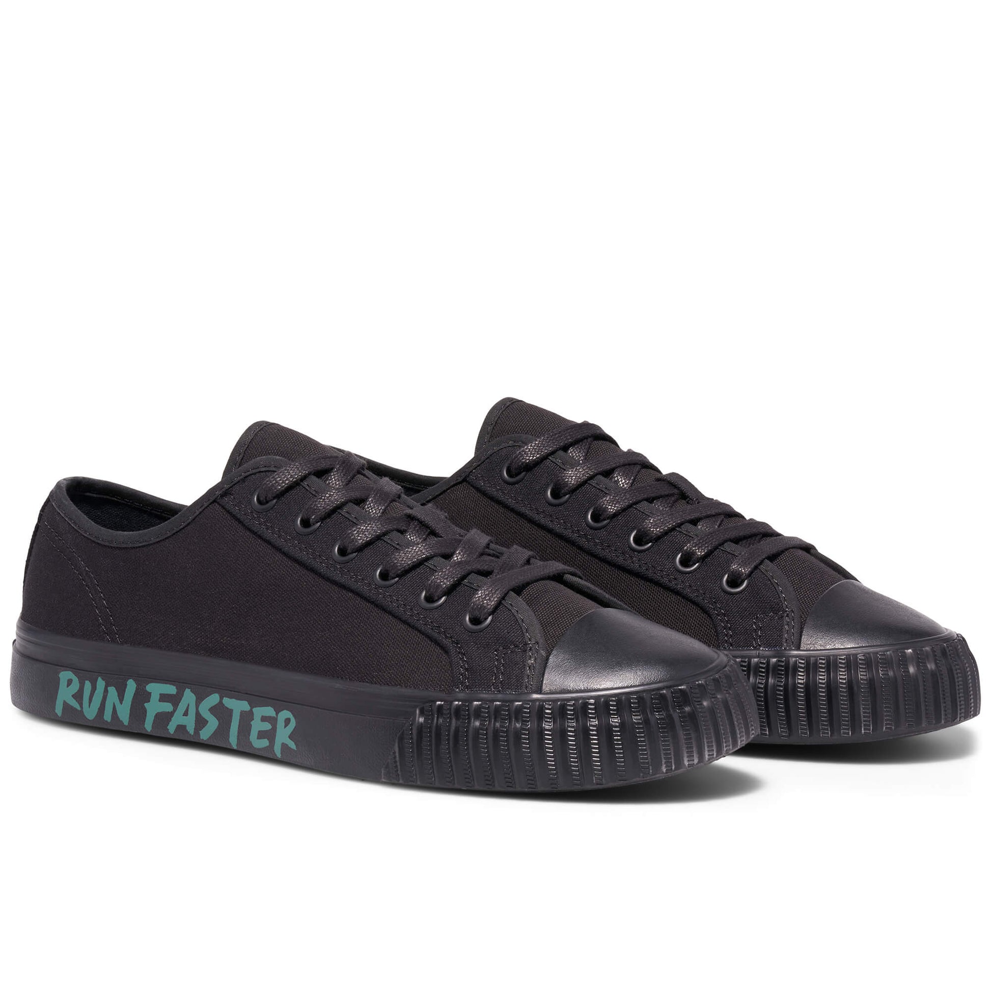Black low-top sneakers on a white background, with “Run Faster” printed on the midsole.
