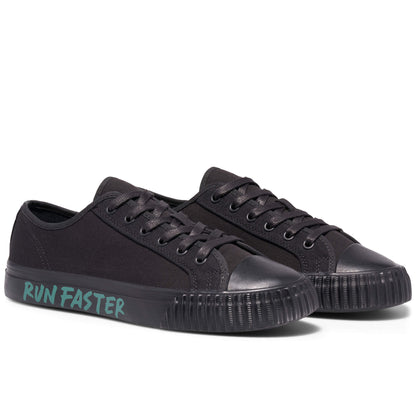 Black low-top sneakers on a white background, with “Run Faster” printed on the midsole.