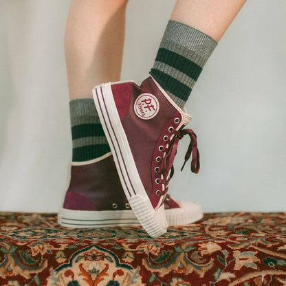 Red high-top leather sneakers